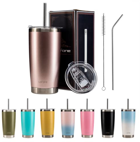 LoFone Kaffeebecher mit Strohhalm,Thermobecher 550 ml,Coffee Mug to go，Bubble Tea Becher Edelstahl (Roségold)