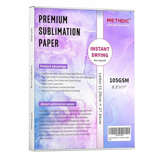 Methdic Sublimation Paper 8.5x11 Inch Instant Dry 125 Sheets Sublimation Blanks Transfer Paper For Inkjet Printer ，105gsm
