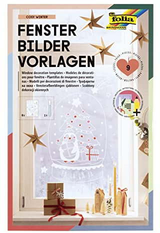 folia 39149 – Fönsterbilder set Mysig vinter med 8 förtryckta designmallar med temat vinter, jul och höst, inkl. 1 kritmarkör i vitt