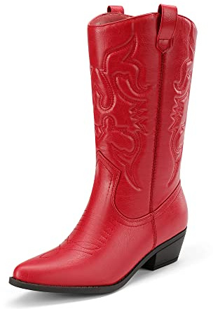 DREAM PAIRS Stivali da Cowboy da Donna, Stivali da Cowgirl Alti Fino alla Caviglia con Ricamo, Scarpe Western con Tacco Basso e Spesso,Size 40,Rosso,SDMB2218W