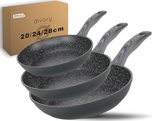 DIVORY Pfannenset 3-teilig Pfanne 20, 24, 28cm Induktion – Antihaft Beschichtete große Universalpfanne für alle Herdarten - Sichere Griffe, Spülmaschinen geeignet (Griff: Graue Holzoptik)