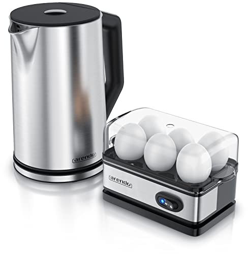Arendo - SET Wasserkocher ELEGANT mit Eierkocher THREECOOK Edelstahl Silber, Wasserkocher 1,5L 40° - 100°C, Warmhaltefunktion, Eierkocher 1-6 Eier, Messbecher