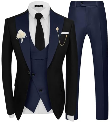 Wangyue Mens 3 Piece Suits Classic Fit Navy Blue Tuxedo for Men Navy Blue Double Breasted Suits for Prom Tuxedos Jacket Vest Pants Wedding Tux 2026 XL