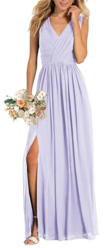 Abiti da damigella d'onore da donna con scollo a V per matrimonio Split A Line abiti formali lunghi con tasche, Lilla, 40