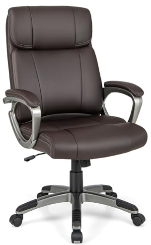 COSTWAY 350LBS Executive Office Chair, Height Adjustable PU Leather Computer Desk Chair with Rocking Backrest and Arms, Ergonomic Swivel High Back Chair for Home Office (Dark Brown, 64 x 69 x 116 cm)