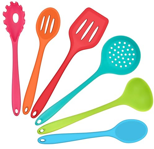 Onader Kitchen Utensils Set, 6 Piece Silicone Cooking Utensils Set | Heat Resistant Kitchen Tools Include Spoon Turner Skimmer for Non-Stick Cookware, Dishwasher Safe & Easy to Clean, Multicolor