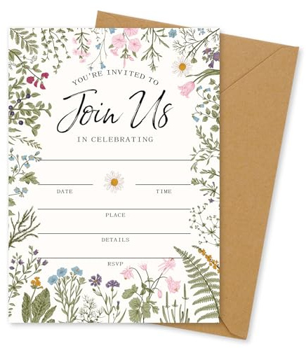 Whaline 25 Packs Vintage Floral Invitations with Envelopes and Stickers Retro Wildflower Invitation Cards Spring Fill in Blank Invites for Wedding Birthday Bridal Baby Shower Party, 5 x 7 Inch