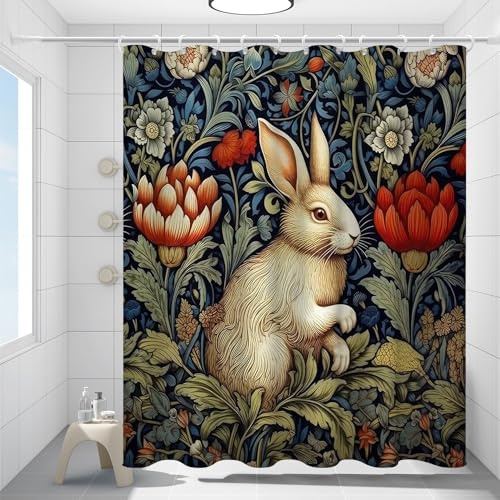 Fchen art Duschdraperi, rustikt motiv med bondgård, påsktema, William Morris kanin, blommor, duschdraperi för badrum, vattentätt, dekor, tvättbart och hållbart tyg, med 12 krokar, 180 x 180 cm