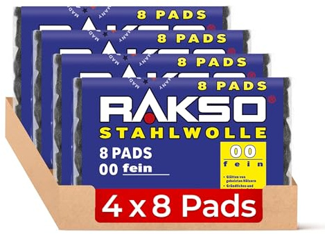 RAKSO Stahlwolle fein 00-32 Pads - 4x8 Stk. glättet Hölzer, Reinigung Kunststoffjalousien, Gartenmöbel, Aluminium aufpolieren