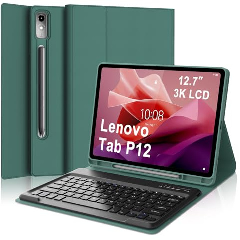 IVEOPPE Funda Teclado para Lenovo Tab P12 12.7 Pulgadas 2023 TB-370FU | Capa Keyboard QWERTY Español Ñ, Bluetooth Magnético Desmontable Recargable Teclado con Portalápices, Verde oscuro