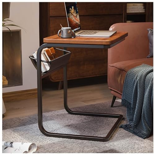GUIXAN C-Shape Side Table, Small End Table with Side Pocket, Retro Sofa Side Table for Living Room, Bedroom, Small Space, 50×40×63cm, Rustic Brown and Black
