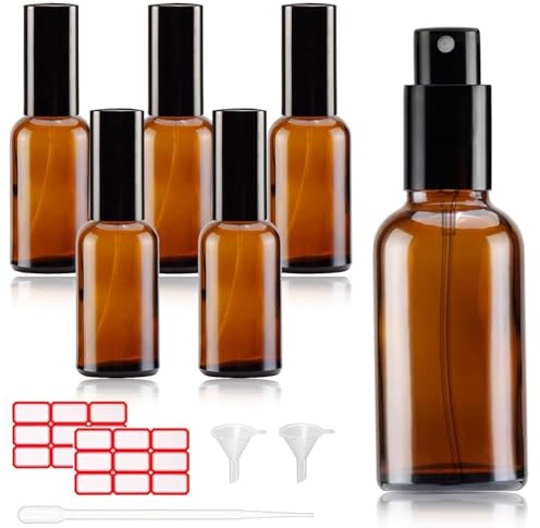 Viexpand 6 Pezzi Ambra Bottiglie Spray Vetro da 30 ml con pipette e imbuti, Inclusi Etichette