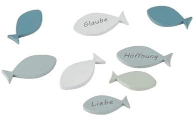 ReWu Streudeko Fische aus Holz Grün Blau Weiß - Tischdekoration Taufe Hochzeit Komformation Kommunion DIY-Dekoration Geschenkverzierung Glaube Liebe Hoffnung Deko-Idee 8-Stück