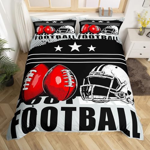 Loussiesd Juego de ropa de cama con diseño de balón de fútbol, color negro, blanco y rojo, funda de edredón para niños, niñas, adolescentes, decoración de dormitorio, ropa de cama doble
