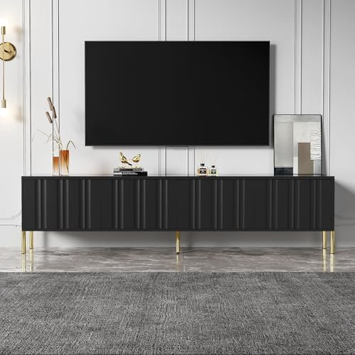 Jaxenor 190cm TV Schrank mit 4 Türen, TV Board mit Stauraum, Moderner Fernsehschrank mit Goldene Tischbeine, Fernseher Schrank für Wohnzimmer, Schwarz