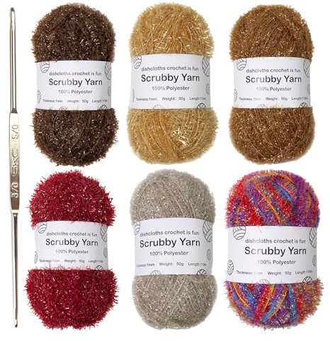 6 Pack Scrubby Yarn Crochet Dishcloth Yarn Shiny Crocheting Yarns Hand Knitting Scrubby Assortment Dishcloths Yarns for Crocheting, Knitting, and Dishwashing