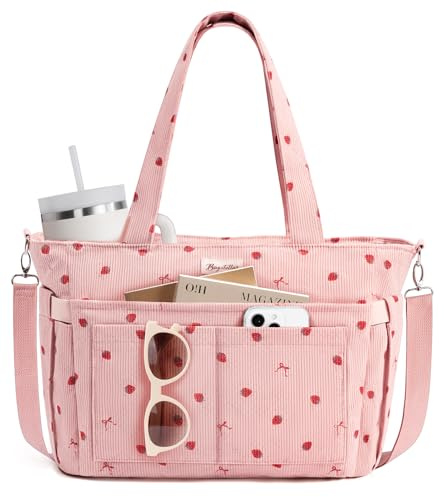 Bagstellar Corduroy Tote Bag for Women, 17 Pockets Laptop Work Tote Purse