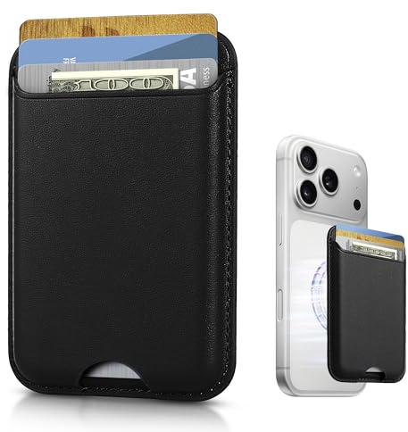KPNEOL Magnetic Mag-safe Wallet Cell Phone Card Holder for Phone Case with Mag-Safe, Stronger Magnetic RFID Leather Phone Wallet Stick on for iPhone 17/16/15/14/13/12 Series, Black Color
