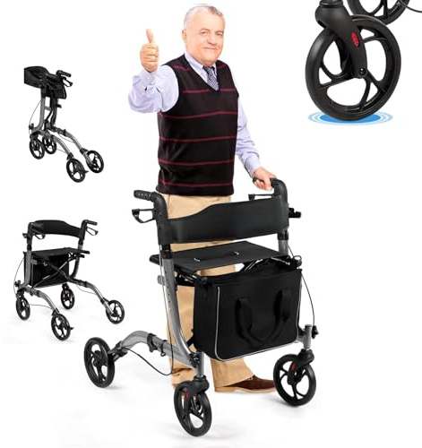 RELAX4LIFE Déambulateur 4 Roues Pliable Léger avec Siège et Dossier Élargis, Déambulateur Léger en Aluminium, Hauteur 82-95 CM, Sac de Rangement, Rollator 4 Roues pour Personnes Agées (Gris)