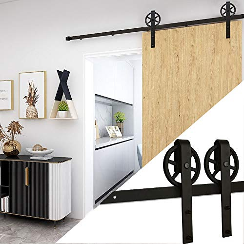 228cm/7.5FT Schiebetürbeschlag Set Schiebetürsystem Zubehörteil für Schiebetüren Innentüren, Schwarz/Sliding Barn Door Hardware Kit Big Spoke Wheel