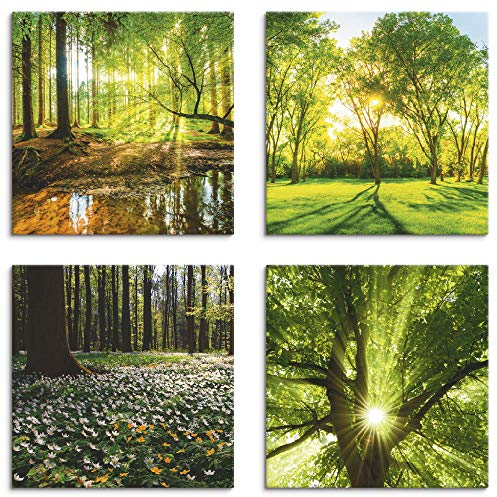 ARTLAND Wanddeko Leinwand Bilder Natur Set 4 tlg. je 30x30 cm Quadratisch Wandbilder Landschaft Wald Bach Frühling Sonne Baum K2FR