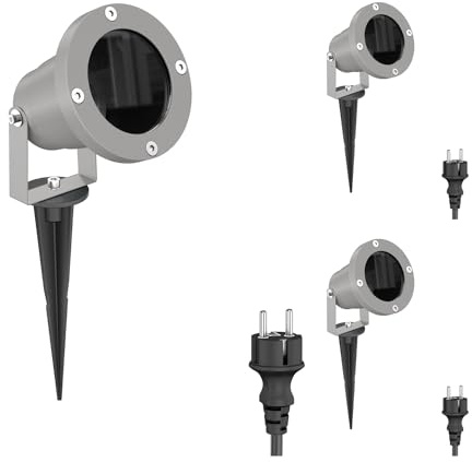 ledscom.de 3 trädgårdsstrålkastare DUK med jordspett för utomhusbruk, IP65, stickpropp, grå, 1 x GU10 max. 15W