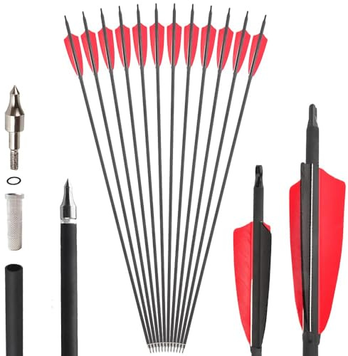 SHARROW 6/12Pcs Carbonpfeile 32 Zoll Carbon Pfeile für Bogenschießen Spine 500 Carbon Pfeile Carbon Jagdpfeile mit 4 Zoll Natürliche Federn Pfeile für Recurvebogen Compoundbogen (6pcs, Rot)