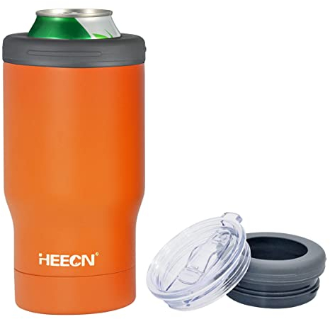 HEECN® Enfriador de cerveza al vacío - Soporte para latas y botellas - Funda enfriadora cerveza- Tazas aisladas con tapa y abridor de botellas - Termico 330ml (Naranja)