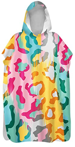 Treer Surf Poncho Mikrofaser, 3D Streifen Druck Umziehhilfe Schnelltrocknend Schwimmen Strandtuch mit Kapuze Badeponcho Strand Handtuch für Erwachsene Herren Damen Kinder (bunter Leopard,75x145cm)