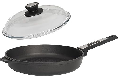 SKK große Grillpfanne Ø 28 cm - ohne Induktion - runde beschichtete Aluguss BBQ Bratpfanne 2-tlg. & Vollglas Deckel - Made in Germany