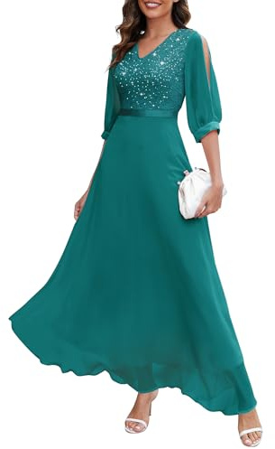 Wedtrend Abendkleider Elegant für Hochzeit Lang Abendkleid Damen mit Pailletten Cocktailkleid Outfit Hochzeitsgast Ballkleider Damen Lang WT0317 PeacockGreen M