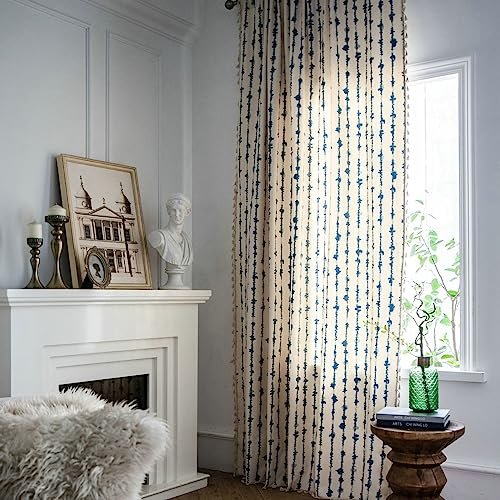 KnSam Beige Vorhang Muster Lang mit Ösen, Elektrokardiogramm mit Quaste Vorhang für Wohnzimmer aus Baumwolle Leinen, 150x280CM(BxH)