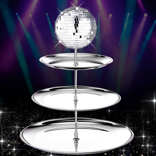 Layhit Disco Cupcake Stand 3 Tier Silver Glitter Metal Cake Holder Reusable Disco Table Decorations for Party Birthday Bachelorette Disco Ball Platterdessert Centerpiece Supply