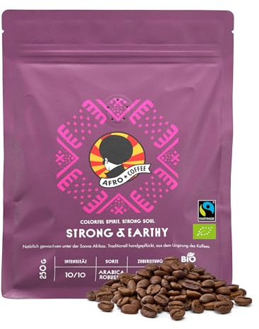 AFRO COFFEE Strong & Earthy I 250g Premium Bio Kaffeebohnen Fairtrade I Arabica & Robusta Kaffee Bohnen I Bohnenkaffee aus Ostafrika mit nussiger Note I Bohnen handgepflückt, dunkel geröstet, säurearm
