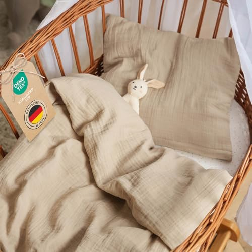 Laleni Bettwäsche aus Baumwolle - Musselin 80x80 cm - Oeko-TEX zertifiziert - Kinderwagen Taupe