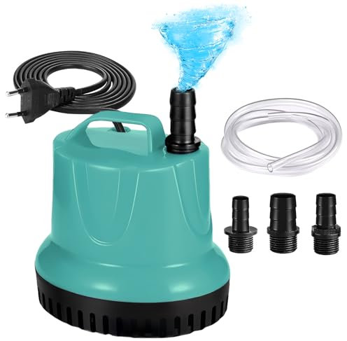 Mini pompa dell'acqua da 20 W, 1500 l/h: WIYETY, pompa dell'acqua per acquario, pompa per laghetto, con 3 ugelli e tubo da 1,5 m, pompa sommergibile per acquario, giardino, fontana (blu)