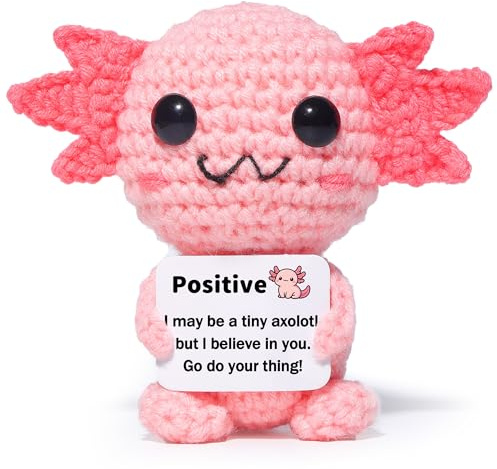 Mini Funny Positive Pink Axolotl, Knitted Wool Axolotl Toy with Positive Card - Creative Cute Crochet Doll Emotional Support Cheer Up Keepsake Gift for Friends, Women, Student, Christmas (Axolotl)