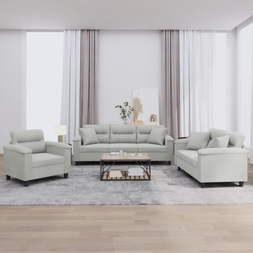 CINDERFUL 3-TLG. Sofagarnitur mit Kissen Hellgrau Mikrofasergewebe,Bequeme Wohnlandschaft aus Mikrofaser in Grau für Entspannung und Gemütlichkeit im Wohnzimmer Möbel, Wohnzimmer