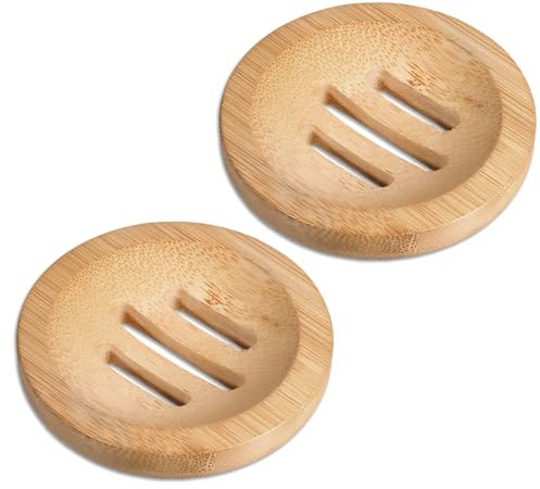 2 jaboneras de madera, jabonera de bambú natural, jabonera redonda con desagüe hecha a mano de madera para ducha, baño, fregaderos de cocina