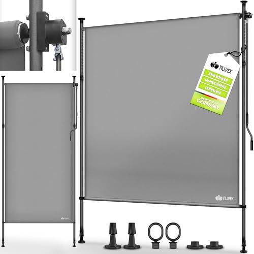 tillvex® Klemmmarkise Senkrechtmarkise 200x310cm Grau mit Handkurbel ohne Bohren | Sichtschutz Ausziehbar & Blickdicht | Vertikalmarkise Balkon Terrasse Garten | Sichtschutzrollo Wetterfest