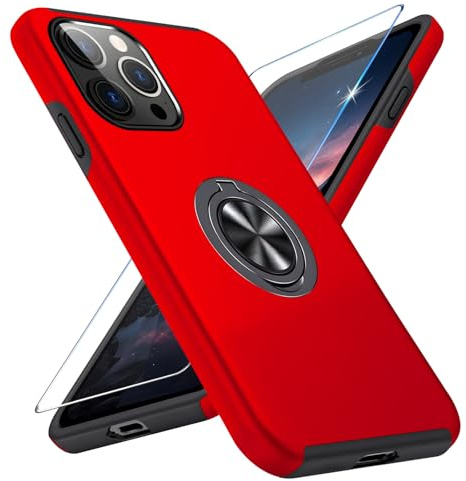 Vaki for iPhone 13 Pro Max Case with Screen Protector, Military-Grade Drop Shockproof Tested Rugged Cover 360° Metal Magnetic Ring Holder Kickstand Phone Case for iPhone 13 Pro Max 5G (Red)