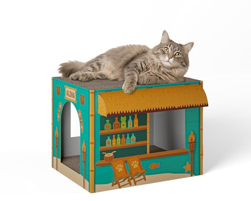 Cat’s Palace Katzenhaus Aloha Strandbar – Rückzugsort & Kratzmöbel mit 2 Kratzflächen für Katzen | 45×35×35 cm | Made in Germany