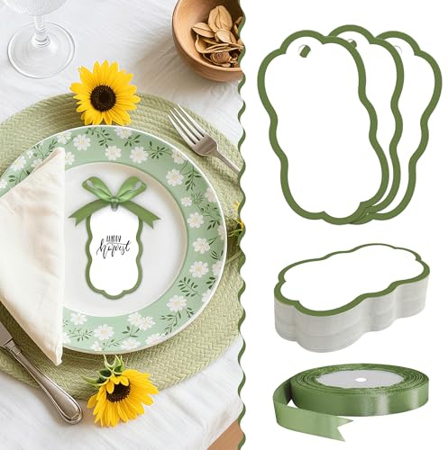 60Pcs Elegant Name Place Cards for Table Setting-1.96inx3.75in Unique Shape,Same Color Satin Ribbon,Ideal as Gift Tags and Place Cards for Weddings Banquets & Parties (Sage Green, Style 1)