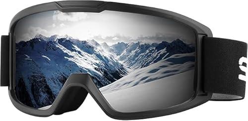 Occhiali da sci anti-appannamento, antivento, design OTG, occhiali da snowboard UV400, lenti per proteggere gli occhi, per adulti e ragazzi (montatura nera - lenti argentate)