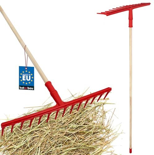 KOTARBAU® Rastrello da Giardino - Plastica - 54 cm - Rastrello per Foglie - Extra-Click 14 Denti - con Manico in Legno - 150 cm - Leggero - Ergonomico - Rosso e Legno Naturale