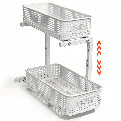 SkyerShoop Under Sink Storage Organiser, 2-Tier 30KG Pull-Out White Rack | Sliding side design & adjustable height, space-saving multi-use rack for kitchen, bathroom, garage & utility room