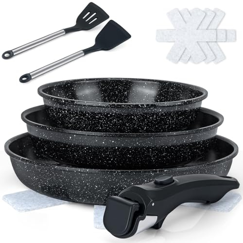 Colourcoco 10-teiliges Pfanne Induktion - 22/26/30 cm Antihaftbeschichtetes Pfanne mit Abnehmbarem Griff, Ofenfest & für alle Herdarten Geeignet – Bratpfanne für Zuhause und Camping