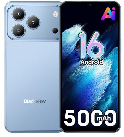 Blackview Wave 7C Android 16 Smartphone Libre con IA, 16GB+64GB/TF 1TB Teléfonos Móviles Libres, 6.56 HD+ Teléfono Móvil, 32MP+13MP, 5000mAh, 4G Dual SIM/WiFi 5/Face ID/GPS/OTG/FM/Funda, Azul