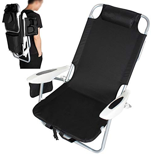 BAKAJI Spiaggina Pieghevole Portatile Sedia Sdraio da Spiaggia Richiudibile Struttura in Alluminio Tubolare con Tasca Porta Tutto Sacca Porta Oggetti Borsa Termica Integrata e Spallacci Zaino (Nero)