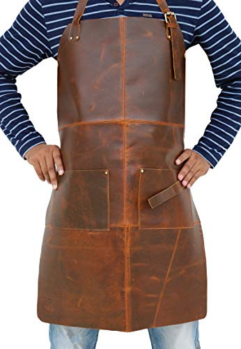 TUZECH Strapazierfähige Lederschürze mit Tasche für Koch, Metzger, Metallarbeiter, Tischler, Schmied, robuste Schürze (Doppeltasche), 76,2 cm, Braun (Doppeltasche), 30 Inches
